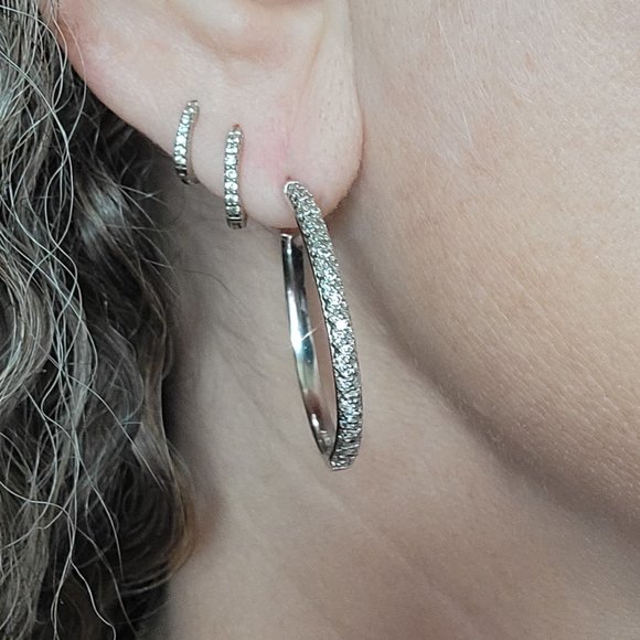 Women's Large Sterling Silver CZ Hoop Earrings - Picture 2 of 9